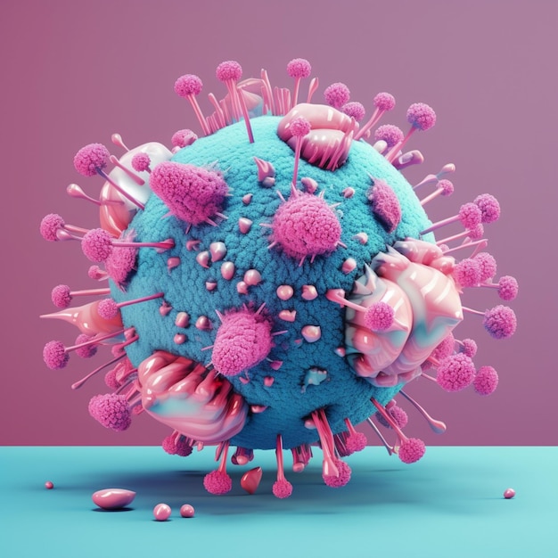 Un modelo de coronavirus azul y morado con un fondo rosa y morado.