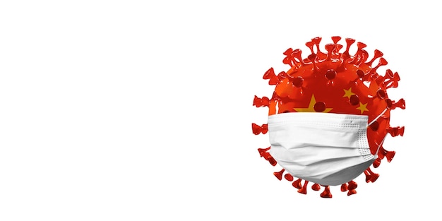 Modelo del coronavirus COVID-19 coloreado en la bandera nacional de China en la mascarilla, concepto de propagación de la pandemia, medicina y atención médica. Epidemia mundial, cuarentena y aislamiento, protección. Copyspace.