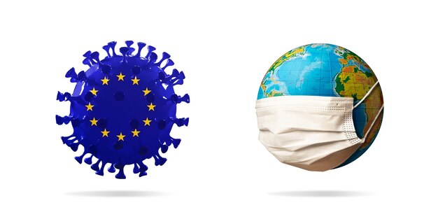 Modelo del coronavirus COVID19 coloreado en la bandera de la Unión Europea cerca del planeta Tierra con mascarilla