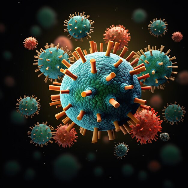 Un modelo del coronavirus con púas multicolores sobre un fondo marrón oscuro.