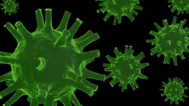 Modelo de coronavirus verde sobre negro. Ilustración 3D Covid-19