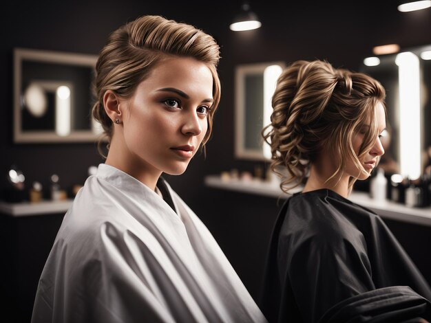 un modelo con un corte de pelo y una mujer en un vestido negro