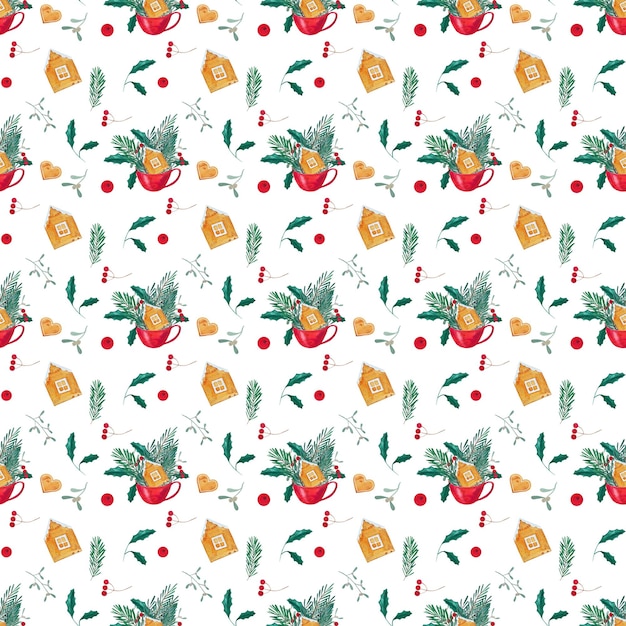 Modelo sin costura simple de Navidad dibujado en acuarelas a mano Regalos y decoraciones de Año Nuevo ramas de abeto bayas rojas de pino