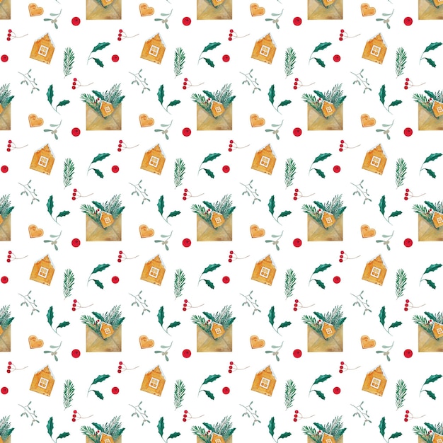 Modelo sin costura simple de Navidad dibujado en acuarelas a mano Regalos y decoraciones de Año Nuevo ramas de abeto bayas rojas de pino