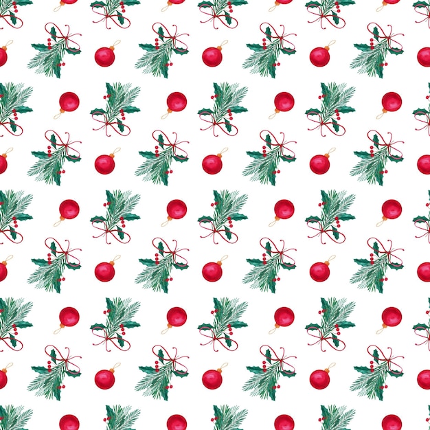 Modelo sin costura simple de Navidad dibujado en acuarelas a mano Regalos y decoraciones de Año Nuevo ramas de abeto bayas rojas de pino