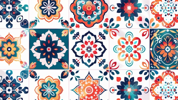 Modelo sin costuras de azulejos orientales Fondo de patchwork floral Estilo boho chic Mandala Ornamentos florales fuertes Elementos de diseño cuadrados Motivo portugués marroquí Patrón florecido inusual