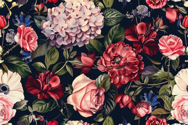 Modelo sin costuras de fantasía floral oscura con flores rojas, rosadas y blancas sobre fondo negro