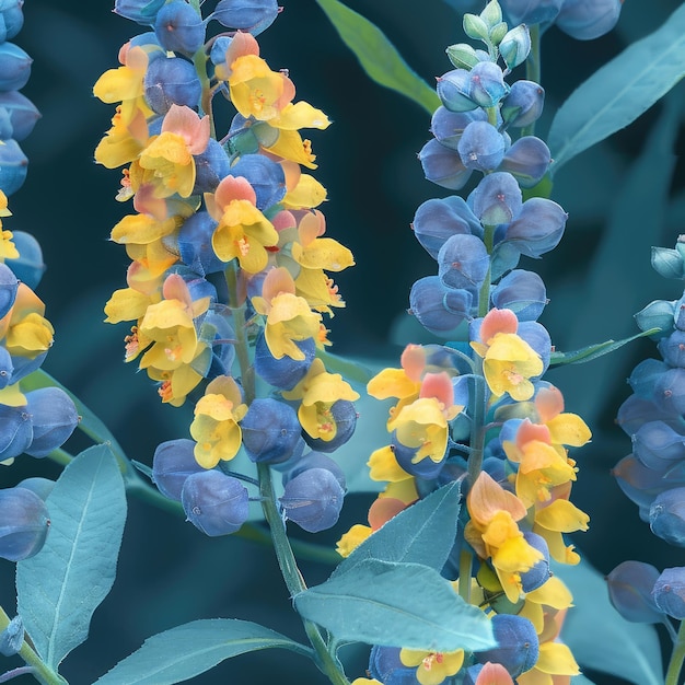 Modelo sin costuras de flores azules y doradas con botánicos florecientes azulejos suntuosos