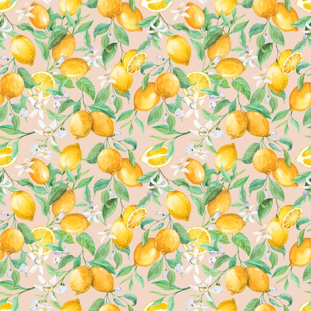 Modelo sin costuras de limón de acuarela cítricos maduros en ramas follaje y flores en un fondo beige diseño de verano tropical para papel tapiz de tela menú de embalaje