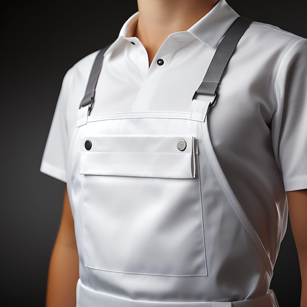 Modelo criativo de um avental de chef branco e limpo fotografado com um design de coleção uniforme