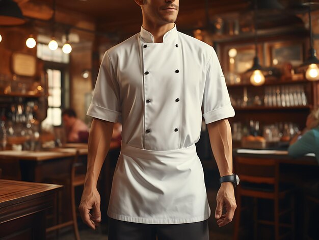 Foto modelo criativo de um avental de chef branco e limpo fotografado em um design de coleção de uniforme t