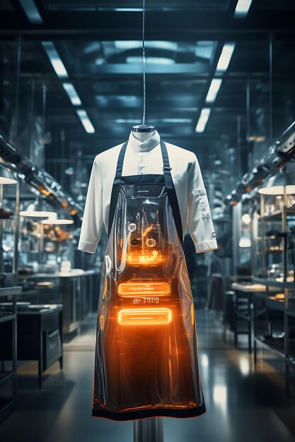 Foto modelo criativo de um avental de chef em um projeto de coleção de uniformes de laboratório gastronômico avant garde