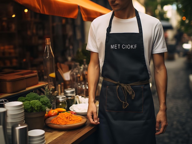 Foto modelo criativo de um conceito de cena de rua de avental de chef capturado com um design de coleção uniforme