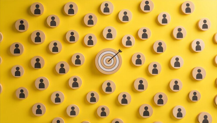 Modelo de CRM con íconos de objetivo y humanos de madera que representan grupos focales impulsados por datos