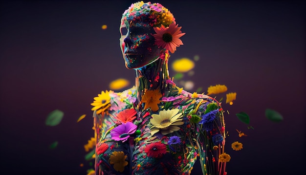 Modelo de cuerpo humano cubierto de flores brillantes Ai generativo