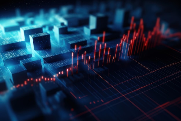 Modelo D de gráfico financiero con retroiluminación roja sobre fondo azul gráfico de financiación del mercado de valores econom