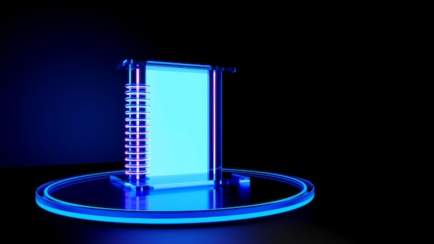 Foto modelo de acrílico transparente com renderização em 3d de luzes neon azuis