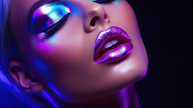 Modelo de alta moda lábios prateados metálicos e rosto mulher em luzes coloridas neon uv azuis e roxas posando em estúdio linda garota maquiagem brilhante maquiagem colorida Glitter maquiagem neon vívida