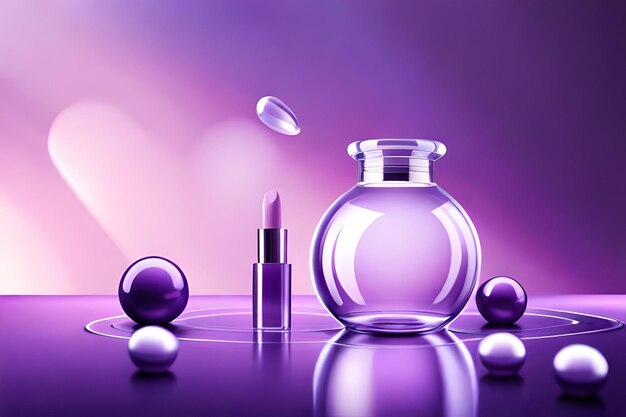 Modelo de anúncio de produto cosmético roxo ilustração 3d de frasco e garrafa voando entre discos de vidro e