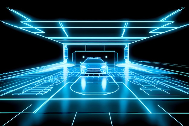 Modelo de automóvel de carro esportivo delineado em neon em perspectiva 3d