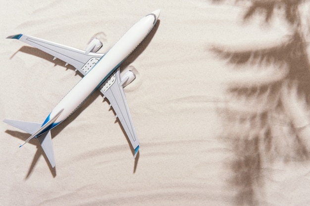 Modelo de avião, avião e sombras de folhas de palmeira no fundo de areia dourada. Design plano. Viagem, conceito de férias