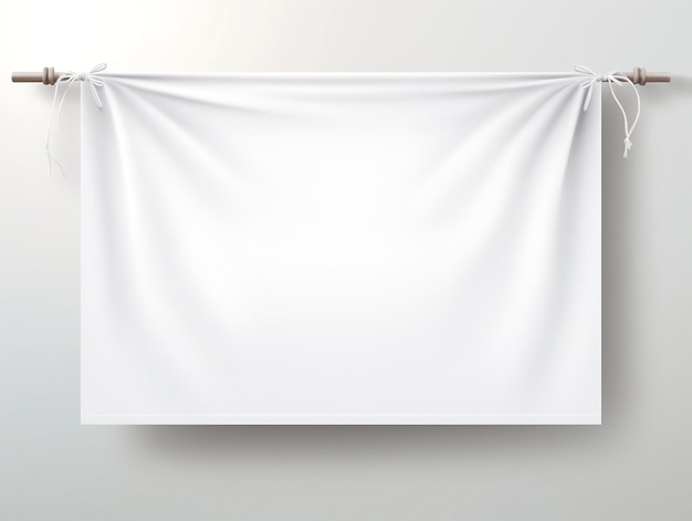 Modelo de bandeira de lona horizontal de tecido branco realista pendurado na corda para publicidade