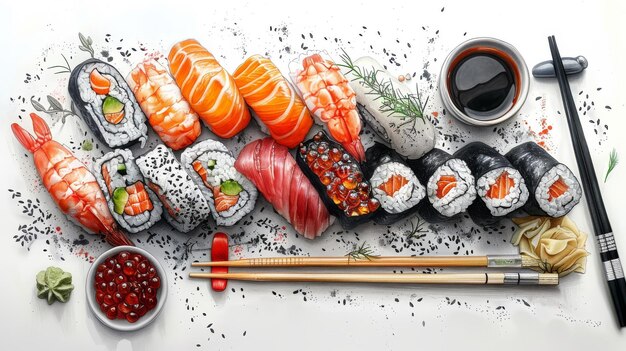 Modelo de bandeira desenhado à mão com rolos de sushi sashimi e pauzinhos sobre fundo branco Ilustração realista