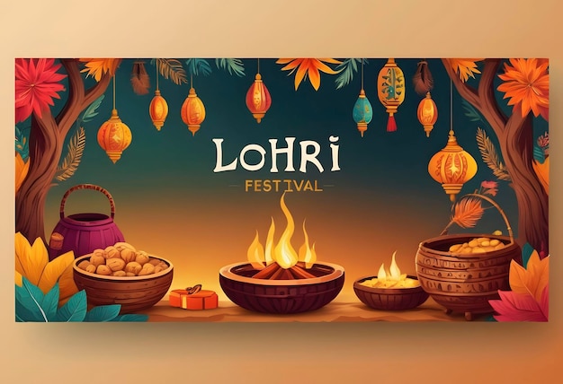 modelo de bandeira horizontal desenhada à mão para o festival de lohri