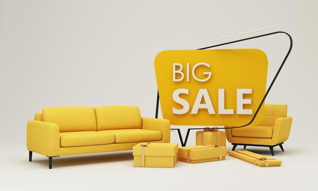 modelo de banner de venda flash conceito de desconto de oferta especial venda de decorações e móveis para casa durante promoções cercadas por sofás cadeiras e espaços publicitários fundo pastel renderização 3d