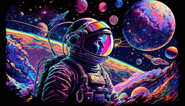 Modelo de banner Generative AI Psychedelic Space fundo nostálgico dos anos 80 90 ilustração horizontal