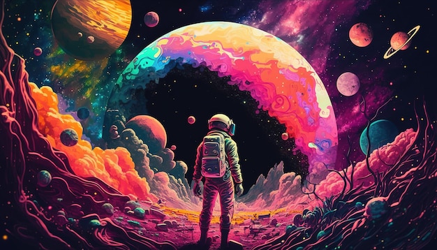 Modelo de banner Generative AI Psychedelic Space fundo nostálgico dos anos 80 e 90