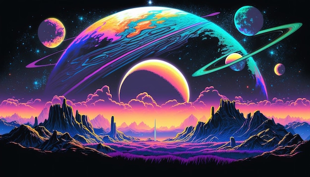 Modelo de banner Generative AI Psychedelic Space fundo nostálgico dos anos 80 e 90