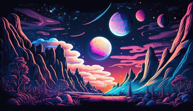 Modelo de banner Generative AI Psychedelic Space fundo nostálgico dos anos 80 e 90