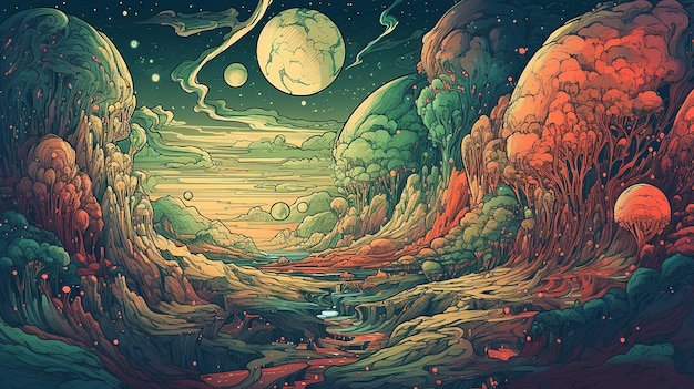 Modelo de banner Generative AI Psychedelic Space no estilo de arte de linha de mangá de anime