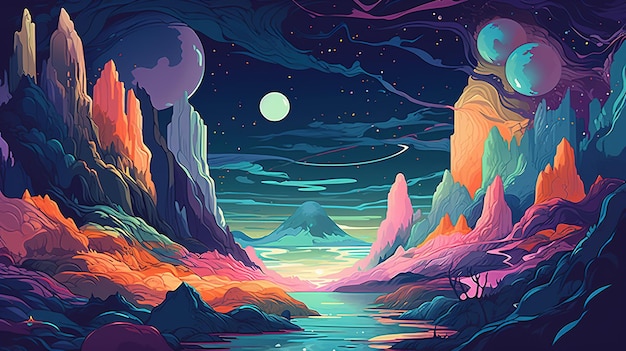 Modelo de banner Generative AI Psychedelic Space no estilo de arte de linha de mangá de anime