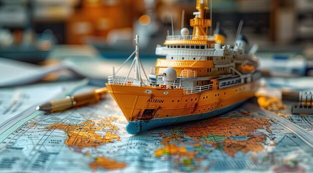 Modelo de barco amarelo no mapa