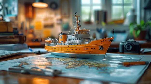 Modelo de barco exibido na mesa