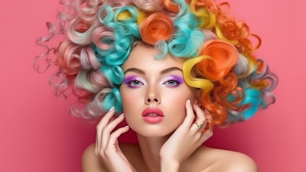 Modelo de beleza de IA generativa com maquiagem vívida, cabelo, unhas e acessórios