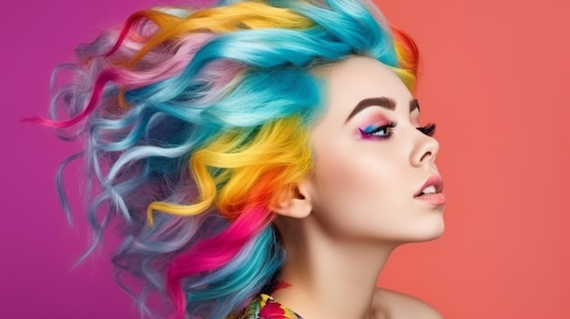 Modelo de beleza de IA generativa com maquiagem vívida, cabelo, unhas e acessórios