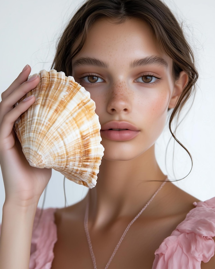 Foto modelo de beleza oceânica segura uma grande concha de mar em seu rosto para campanha de marca