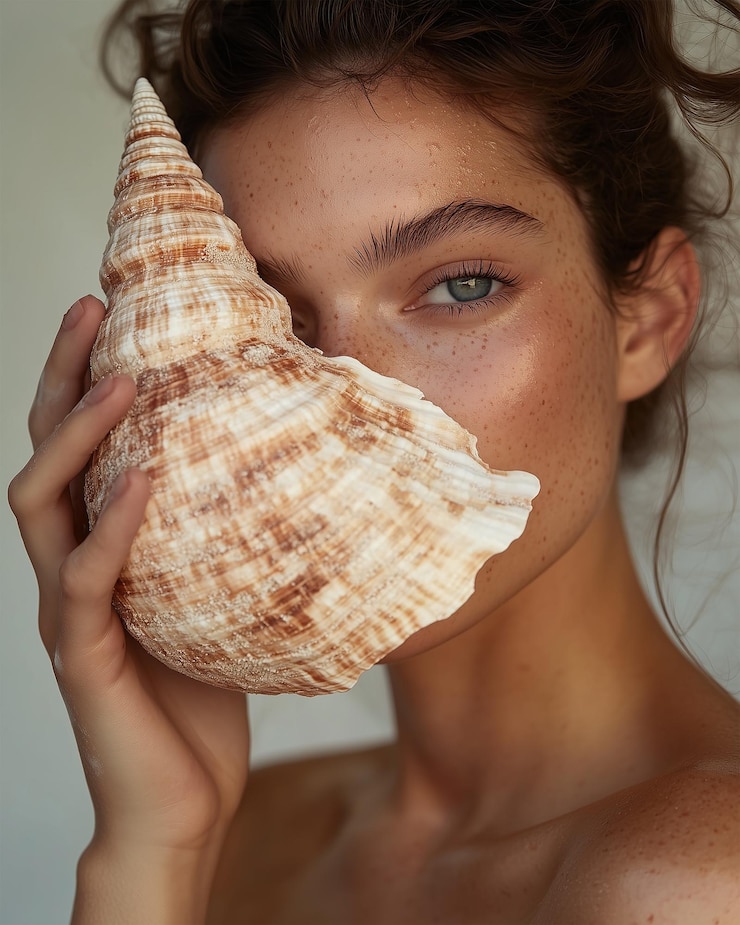 Foto modelo de beleza oceânica segura uma grande concha de mar em seu rosto para campanha de marca