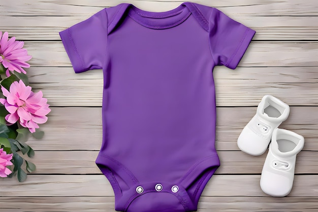 Foto modelo de bodysuit de bebê roxo para publicidade de logotipo da marca