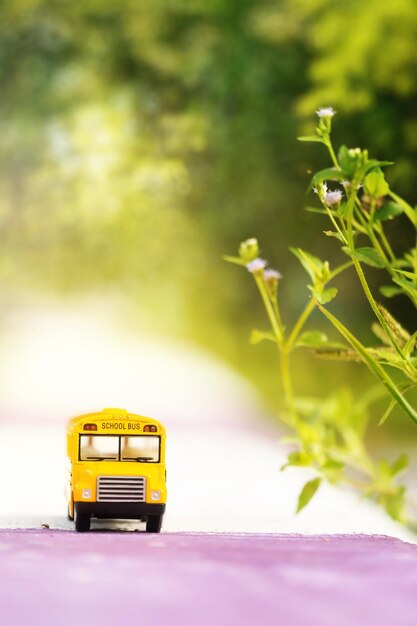 Modelo de brinquedo de ônibus escolar amareloDe volta à escola Fundo do conceito de educação