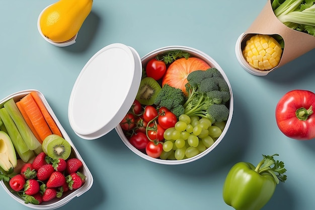 Modelo de caixa redonda de recipiente de comida para levar com vegetais e frutas