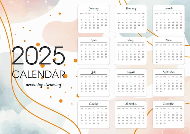 Modelo de calendário de 2025 em estilo aquarela Cores pastel suaves Textura abstrata Orientação paisagística