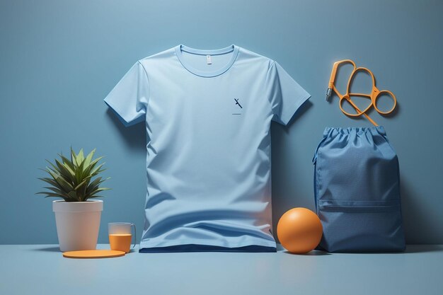 Modelo de camiseta azul claro em branco com elementos decorativos AI Gerado