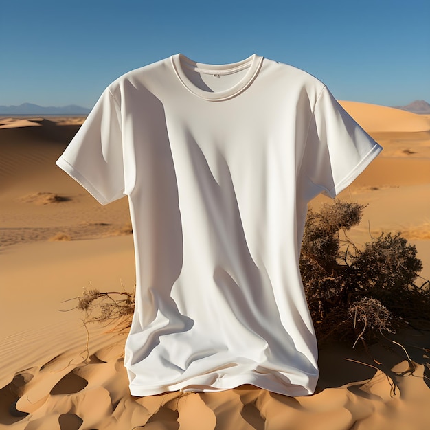 Modelo de camiseta branca de homem em branco com fundo e tema do deserto