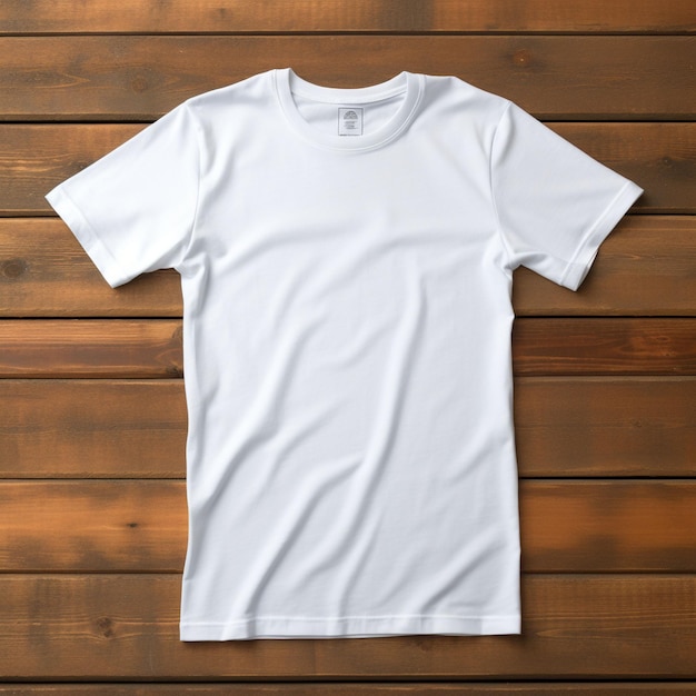 Modelo de camiseta branca em fundo de madeira