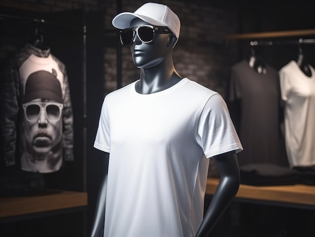 Foto modelo de camiseta branca em um manequim em fundo de hip hop