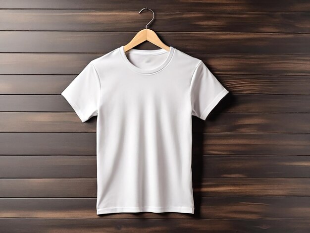 Foto modelo de camiseta branca simples com gancho em fundo de madeira